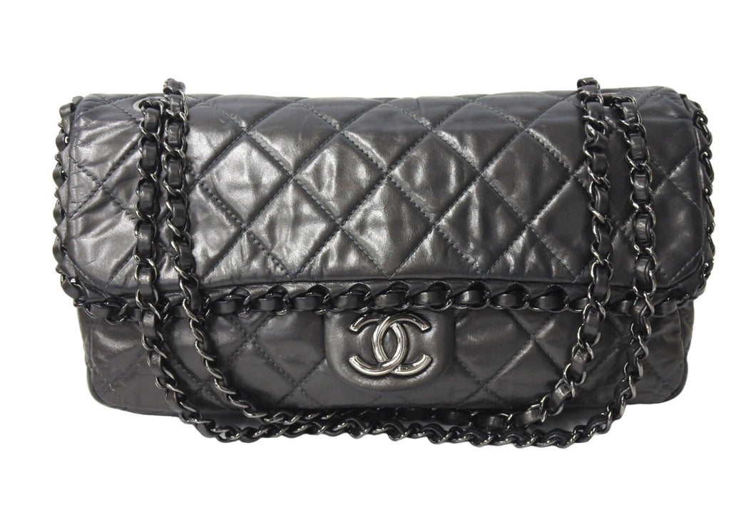 CHANEL シャネル マトラッセ チェーンアラウンド ショルダーバッグ 16番台 カーフスキン グレー ブラック金具 美品 中古 67301