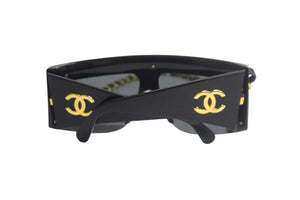CHANEL シャネル チェーン付き レディガガ サングラス ココマーク レザー メタル ブラック 美品 中古 67313