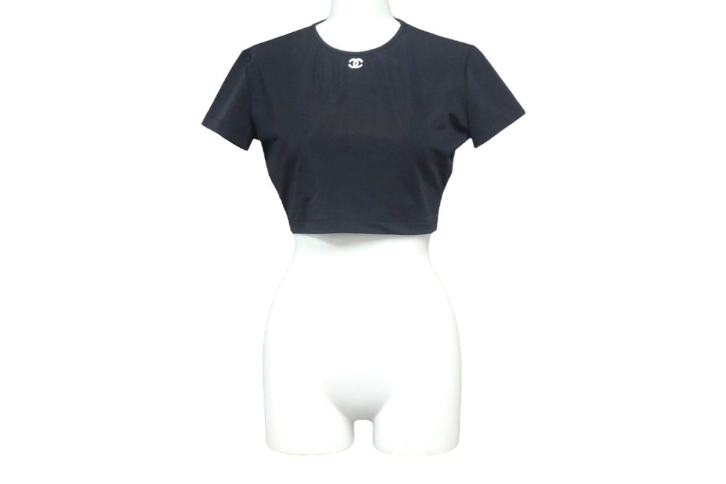 CHANEL シャネル 半袖Tシャツ チビT クロップド ココマーク フランス スパンデックス ナイロン ブラック サイズ42 美品 中古 67315