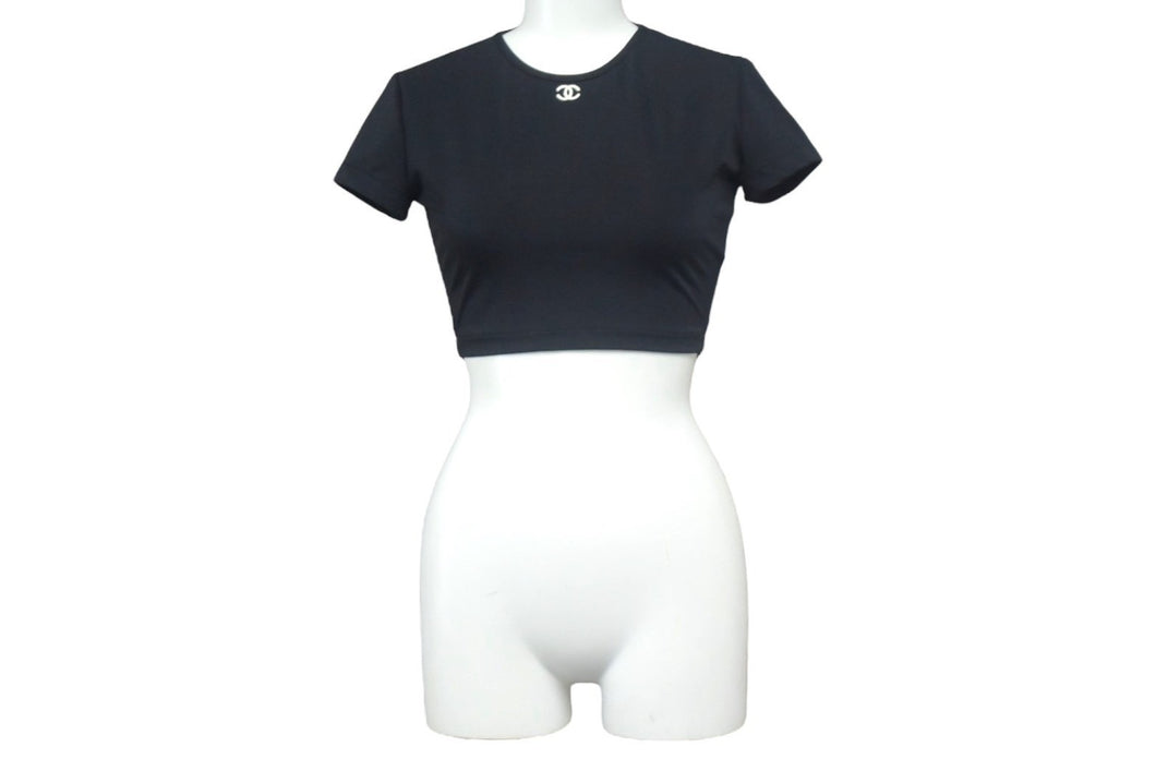 CHANEL シャネル 半袖Tシャツ チビT クロップド ココマーク フランス スパンデックス ナイロン ブラック サイズ38 美品 中古 67316