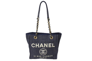 CHANEL シャネル ドーヴィルPM スモール トートバッグ A66939 チェーンショルダー 17番台 デニム ゴールド金具 ネイビー 美品 中古 67355