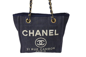 CHANEL シャネル ドーヴィルPM スモール トートバッグ A66939 チェーンショルダー 17番台 デニム ゴールド金具 ネイビー 美品 中古 67355