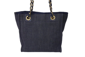 CHANEL シャネル ドーヴィルPM スモール トートバッグ A66939 チェーンショルダー 17番台 デニム ゴールド金具 ネイビー 美品 中古 67355