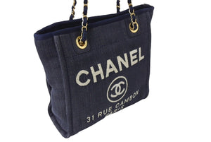 CHANEL シャネル ドーヴィルPM スモール トートバッグ A66939 チェーンショルダー 17番台 デニム ゴールド金具 ネイビー 美品 中古 67355