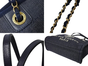 CHANEL シャネル ドーヴィルPM スモール トートバッグ A66939 チェーンショルダー 17番台 デニム ゴールド金具 ネイビー 美品 中古 67355