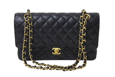 極美品 CHANEL シャネル Wフラップ 25 ショルダーバッグ キャビアスキン 24番台 マトラッセ ゴールド金具 ブラック 中古 67362