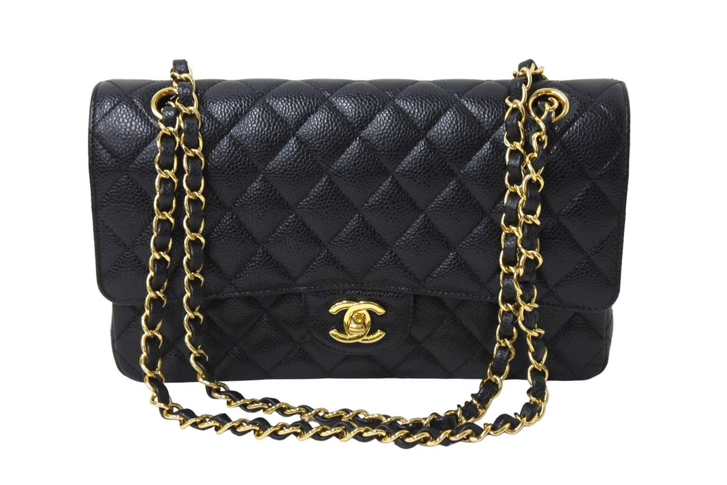 極美品 CHANEL シャネル Wフラップ 25 ショルダーバッグ キャビアスキン 24番台 マトラッセ ゴールド金具 ブラック 中古 67362