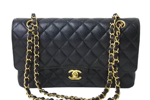 極美品 CHANEL シャネル Wフラップ 25 ショルダーバッグ キャビアスキン 24番台 マトラッセ ゴールド金具 ブラック 中古 67362