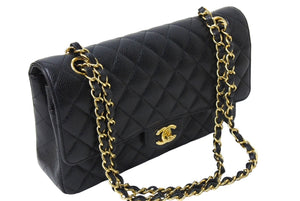 極美品 CHANEL シャネル Wフラップ 25 ショルダーバッグ キャビアスキン 24番台 マトラッセ ゴールド金具 ブラック 中古 67362