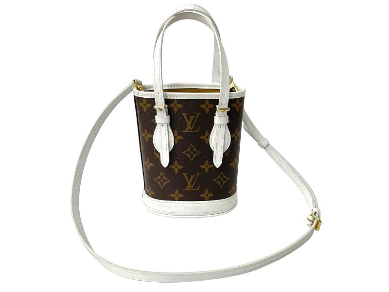 LOUIS VUITTON ルイヴィトン ナノバケット ショルダーバッグ モノグラム LVマッチ M81489 ブラウン ホワイト 美品 中古 67372