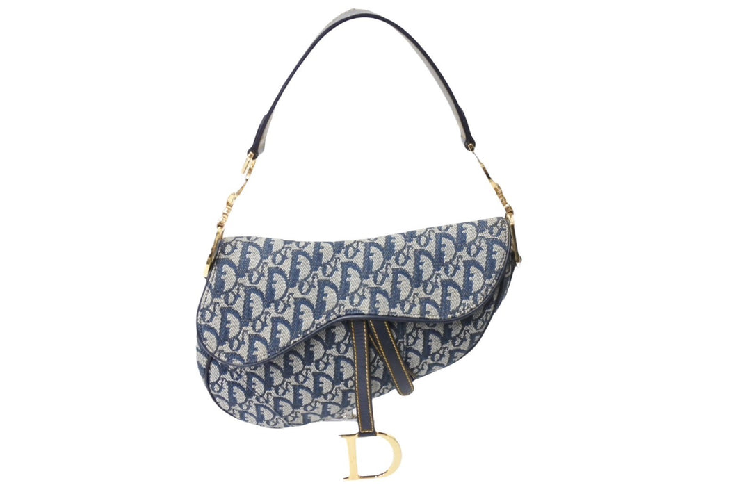 極美品 ChristianDior クリスチャンディオール ワンショルダーバッグ サドルバッグ トロッター柄 キャンバス ネイビー RU0052 中古 67376