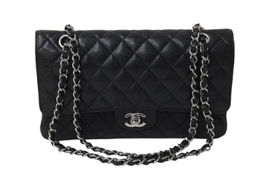 極美品 CHANEL シャネル Wフラップ 25 ショルダーバッグ キャビアスキン 13番台 マトラッセ シルバー金具 ブラック 中古 67377