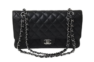 極美品 CHANEL シャネル Wフラップ 25 ショルダーバッグ キャビアスキン 13番台 マトラッセ シルバー金具 ブラック 中古 67377