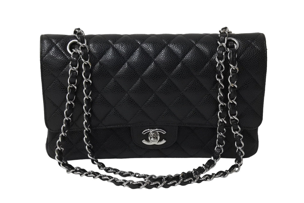 極美品 CHANEL シャネル Wフラップ 25 ショルダーバッグ キャビアスキン 13番台 マトラッセ シルバー金具 ブラック 中古 67377