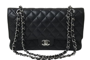 極美品 CHANEL シャネル Wフラップ 25 ショルダーバッグ キャビアスキン 13番台 マトラッセ シルバー金具 ブラック 中古 67377
