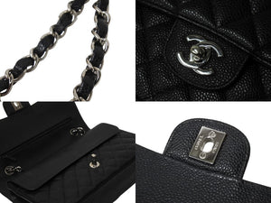 極美品 CHANEL シャネル Wフラップ 25 ショルダーバッグ キャビアスキン 13番台 マトラッセ シルバー金具 ブラック 中古 67377