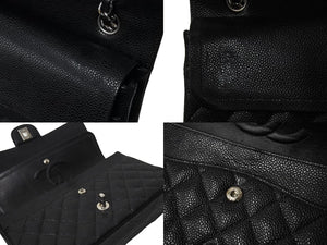 極美品 CHANEL シャネル Wフラップ 25 ショルダーバッグ キャビアスキン 13番台 マトラッセ シルバー金具 ブラック 中古 67377