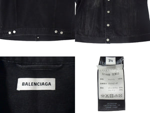 BALENCIAGA バレンシアガ デニムジャケット ロゴ ラインストーン 571449 TEW05 イタリア製 コットン ブラック サイズ34 美品 中古 67393