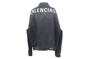 BALENCIAGA バレンシアガ デニムジャケット ロゴ ラインストーン 571449 TEW05 イタリア製 コットン ブラック サイズ34 美品 中古 67393