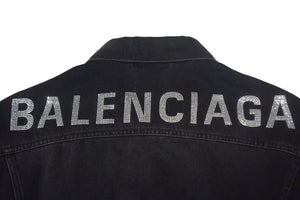 BALENCIAGA バレンシアガ デニムジャケット ロゴ ラインストーン 571449 TEW05 イタリア製 コットン ブラック サイズ34 美品 中古 67393