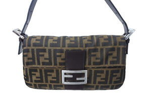 FENDI フェンディ ズッカ柄 マンマバケット ハンドバッグ ワンショルダーバッグ コットンキャンバス レザー ブラウン 美品 中古 67405 