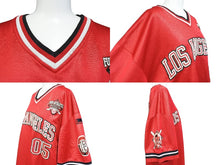 Load image into Gallery viewer, FUBU フブ ゲームシャツ LOS ANGELES アスレティックリーグ ヴィンテージ 1992 ポリエステル レッド ブラック L 美品 中古 67516