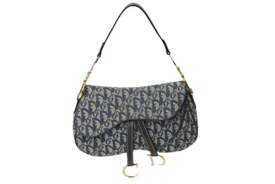 ChristianDior クリスチャンディオール トロッター ダブルサドルバッグ キャンバス レザー ネイビー ゴールド 美品 中古 67529