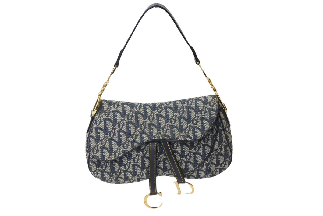 ChristianDior クリスチャンディオール トロッター ダブルサドルバッグ キャンバス レザー ネイビー ゴールド 美品 中古 67529