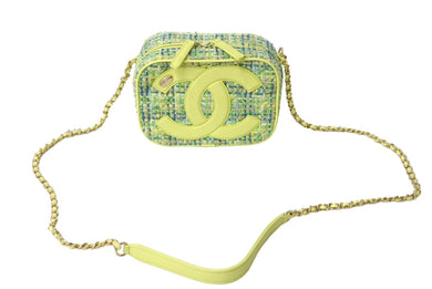 極美品 CHANEL シャネル ツイード デカココ チェーンショルダーバッグ 27番台 ツイード レザー グリーン ブルー ゴールド 中古 67564