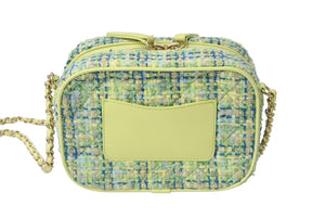 極美品 CHANEL シャネル ツイード デカココ チェーンショルダーバッグ 27番台 ツイード レザー グリーン ブルー ゴールド 中古 67564