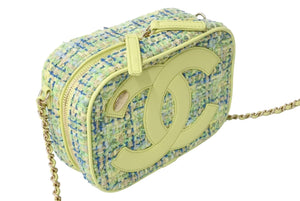 極美品 CHANEL シャネル ツイード デカココ チェーンショルダーバッグ 27番台 ツイード レザー グリーン ブルー ゴールド 中古 67564