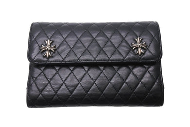 CHROME HEARTS クロムハーツ 三つ折りウェーブウォレット クロスボールボタン キルティング ブラック シルバー925 美品 中古 67601