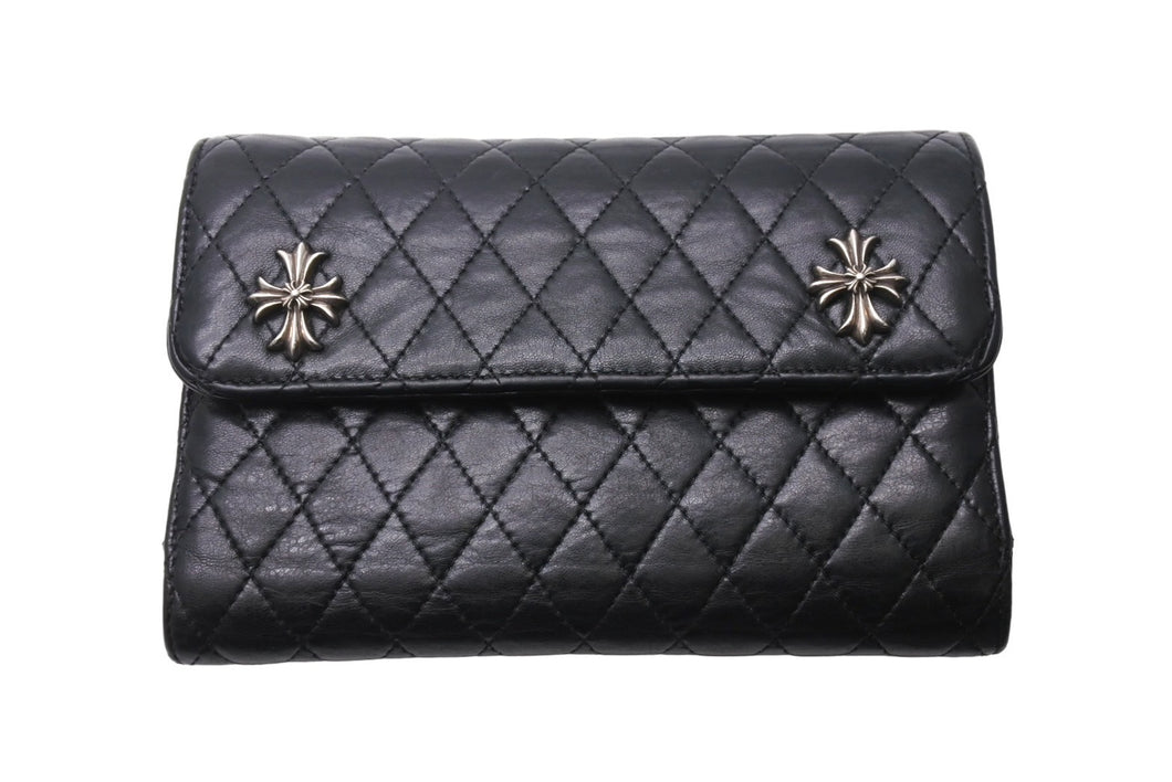 CHROME HEARTS クロムハーツ 三つ折りウェーブウォレット クロスボールボタン キルティング ブラック シルバー925 美品 中古 67601