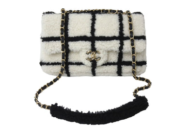 極美品 CHANEL シャネル チェーンショルダーバッグ ムートン AS2754 2021AW ボーダー ホワイト ブラック ゴールド金具 中古 67633