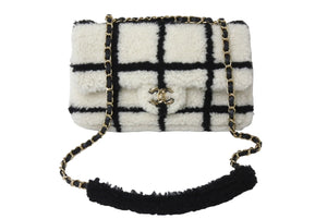 極美品 CHANEL シャネル チェーンショルダーバッグ ムートン AS2754 2021AW ボーダー ホワイト ブラック ゴールド金具 中古 67633
