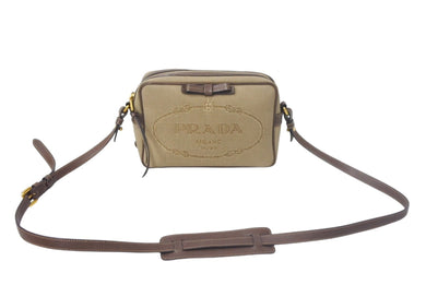 PRADA プラダショルダーバッグ ロゴジャガード 1BH089 UCW F0B16 ベージュ ブラウン ゴールド金具 美品 中古 4c068159 