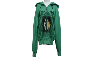 John galliano ジョンガリアーノ フーディ― プリント パーカー グリーン シルバー金具 サイズS コットン 美品 中古 4b000682