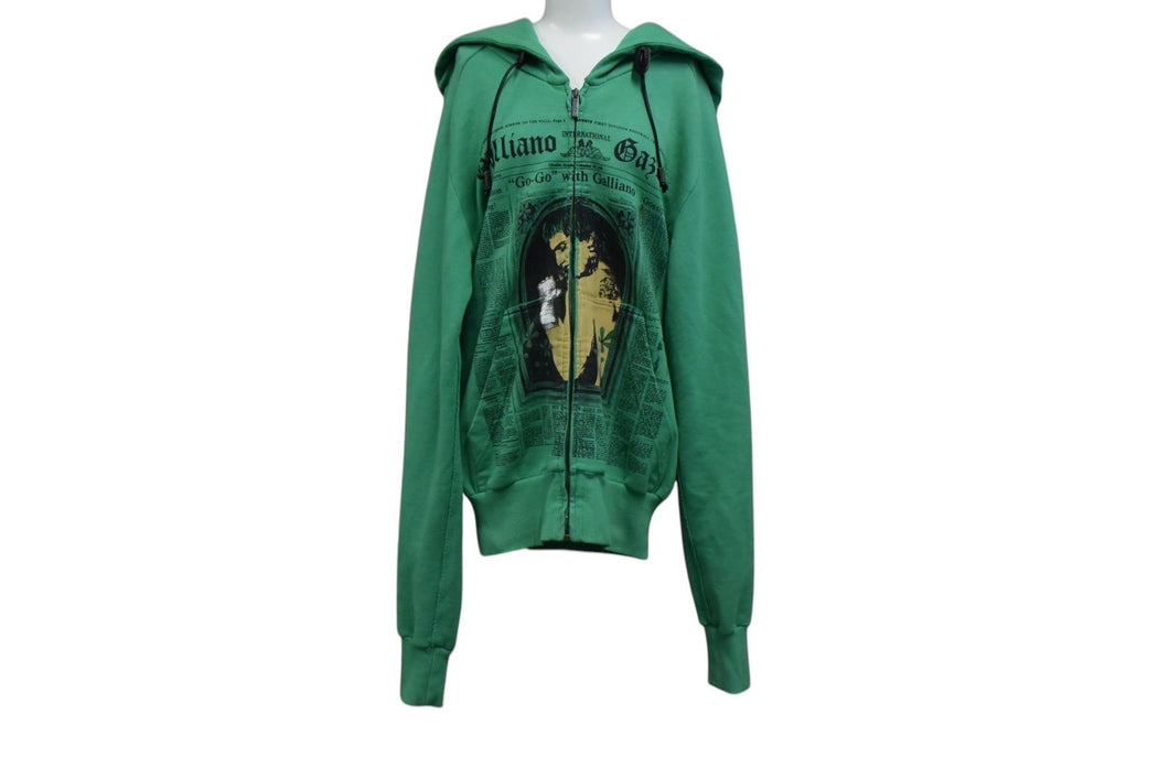 John galliano ジョンガリアーノ フーディ― プリント パーカー グリーン シルバー金具 サイズS コットン 美品 中古 4b000682