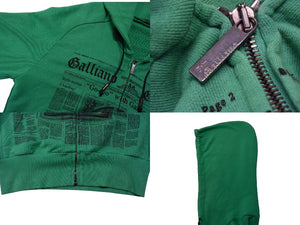 John galliano ジョンガリアーノ フーディ― プリント パーカー グリーン シルバー金具 サイズS コットン 美品 中古 4b000682