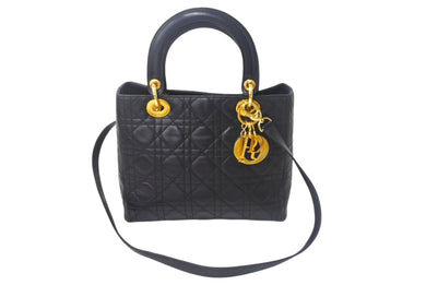 ChristianDior クリスチャンディオール レディディオール ミディアム 2WAYバッグ カナージュ ラムスキン ブラック 美品 中古 4c067137