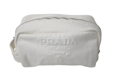 PRADA プラダ ポーチ ミニ トライアングルロゴ イタリア製バッグ ハンドキャンバス ホワイト シルバー金具 美品 中古 4c068318 