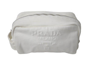 PRADA プラダ ポーチ ミニ トライアングルロゴ イタリア製バッグ ハンドキャンバス ホワイト シルバー金具 美品 中古 4c068318 