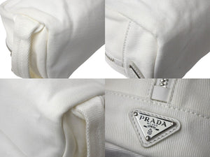 PRADA プラダ ポーチ ミニ トライアングルロゴ イタリア製バッグ ハンドキャンバス ホワイト シルバー金具 美品 中古 4c068318 