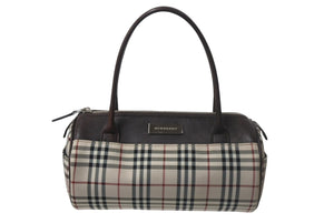 Burberry バーバリー ハンドバッグ ミニボストンバッグ ノバチェック柄 レザーキャンバス ベージュ ブラウン シルバー 美品 中古 4c068459 