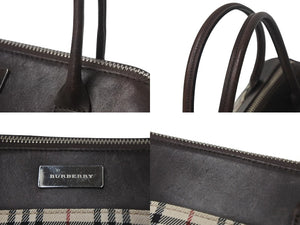 Burberry バーバリー ハンドバッグ ミニボストンバッグ ノバチェック柄 レザーキャンバス ベージュ ブラウン シルバー 美品 中古 4c068459 