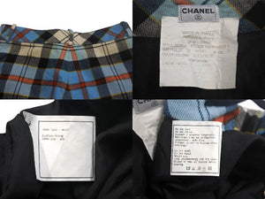 CHANEL シャネル チェックパンツ ココボタン フランス製 ウール ブルー レッド ホワイト サイズ38 美品 中古 4c068571