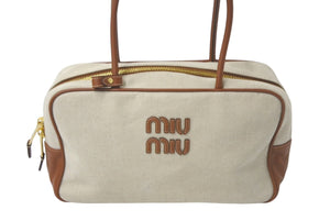MIUMIU ミュウミュウ トップハンドルバッグ ナチュラル 5BB163 イタリア製キャンバスレザー ベージュ ベージュ 美品 中古 4c068631 