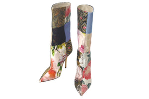 DOLCE&GABBANA ドルチェアンドガッバーナ パッチワーク プリント ヒール ブーツ マルチカラー ナイロン レザー ビスコース CT0735 サイズ37 美品 中古 4c068659