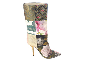 DOLCE&GABBANA ドルチェアンドガッバーナ パッチワーク プリント ヒール ブーツ マルチカラー ナイロン レザー ビスコース CT0735 サイズ37 美品 中古 4c068659