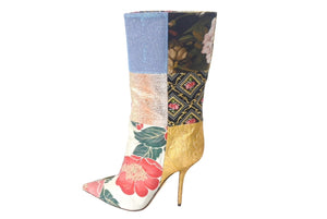 DOLCE&GABBANA ドルチェアンドガッバーナ パッチワーク プリント ヒール ブーツ マルチカラー ナイロン レザー ビスコース CT0735 サイズ37 美品 中古 4c068659